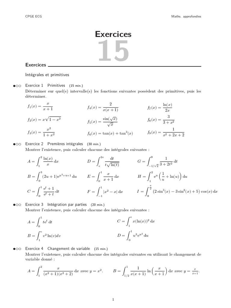 Intégrales et Primitives : Exercices CPGE | PDF | Intégral | Objets ...