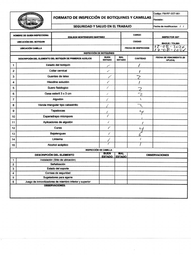Formato inspeccion de botiquines pdf