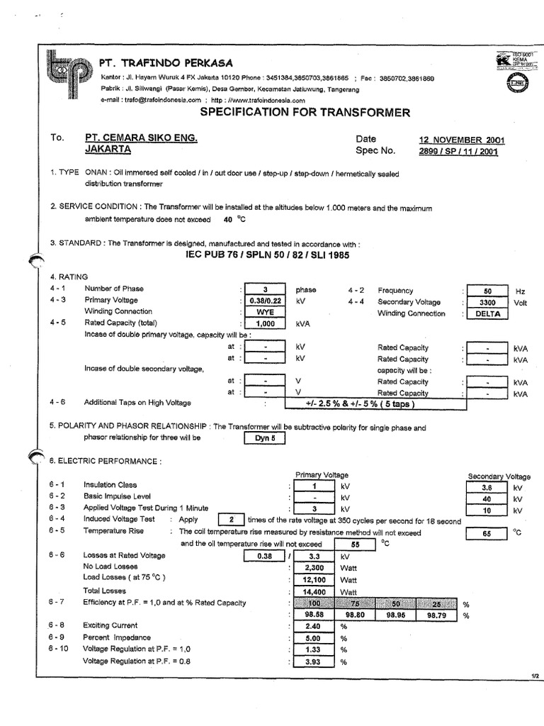 Spec Trafo (Trafindo) | PDF