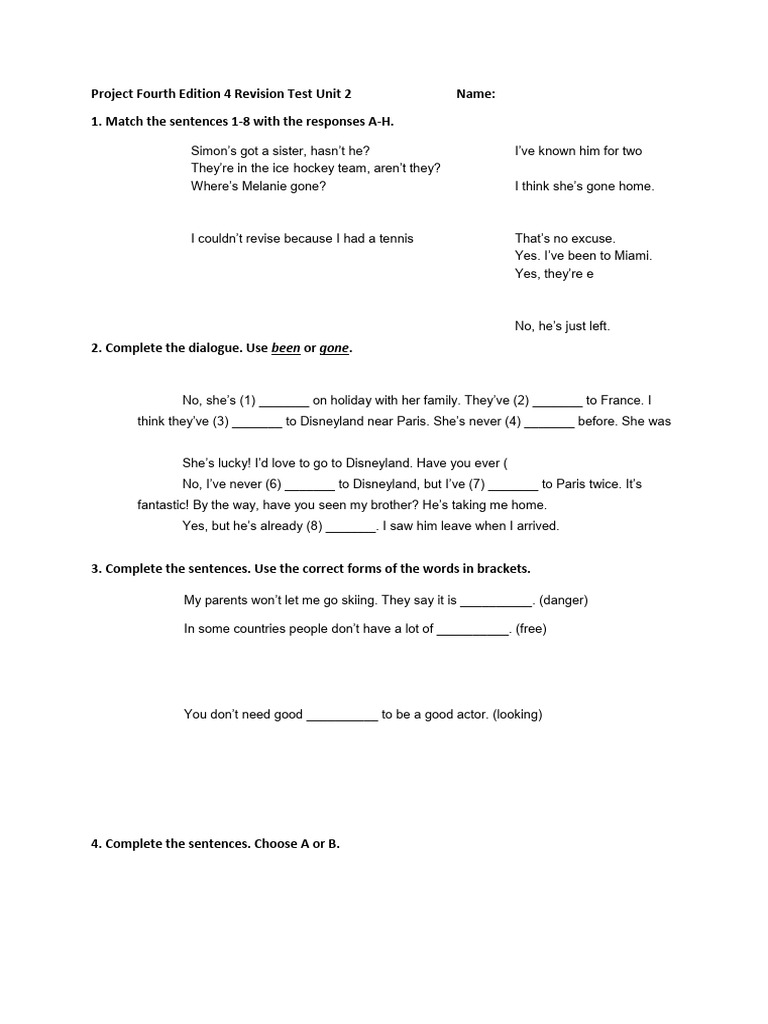 Project Fourth Edition 4 Revision Test Unit 2 Pdf