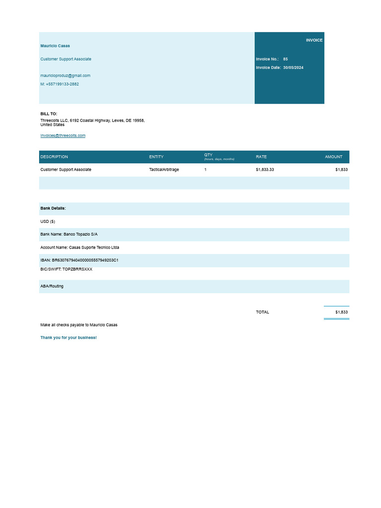 Invoice TIPALTI May - XLSX - Basic Invoice | PDF