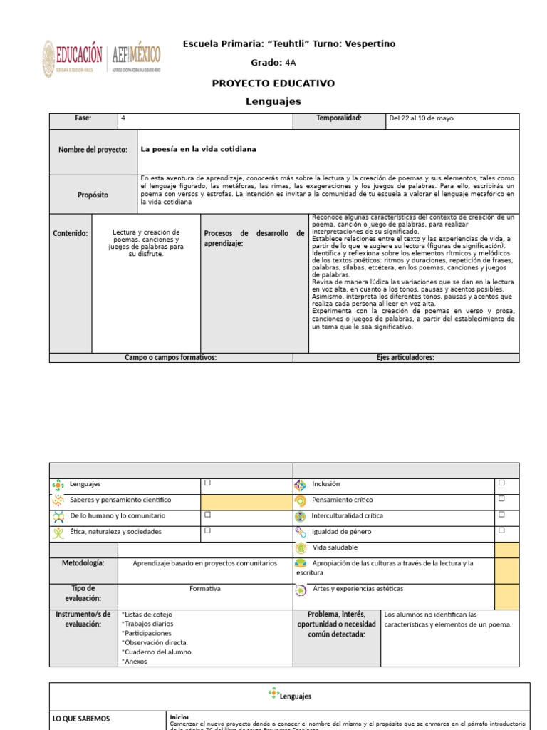 Formato Aprendizaje Basado en Proyectos Comunitarios | PDF