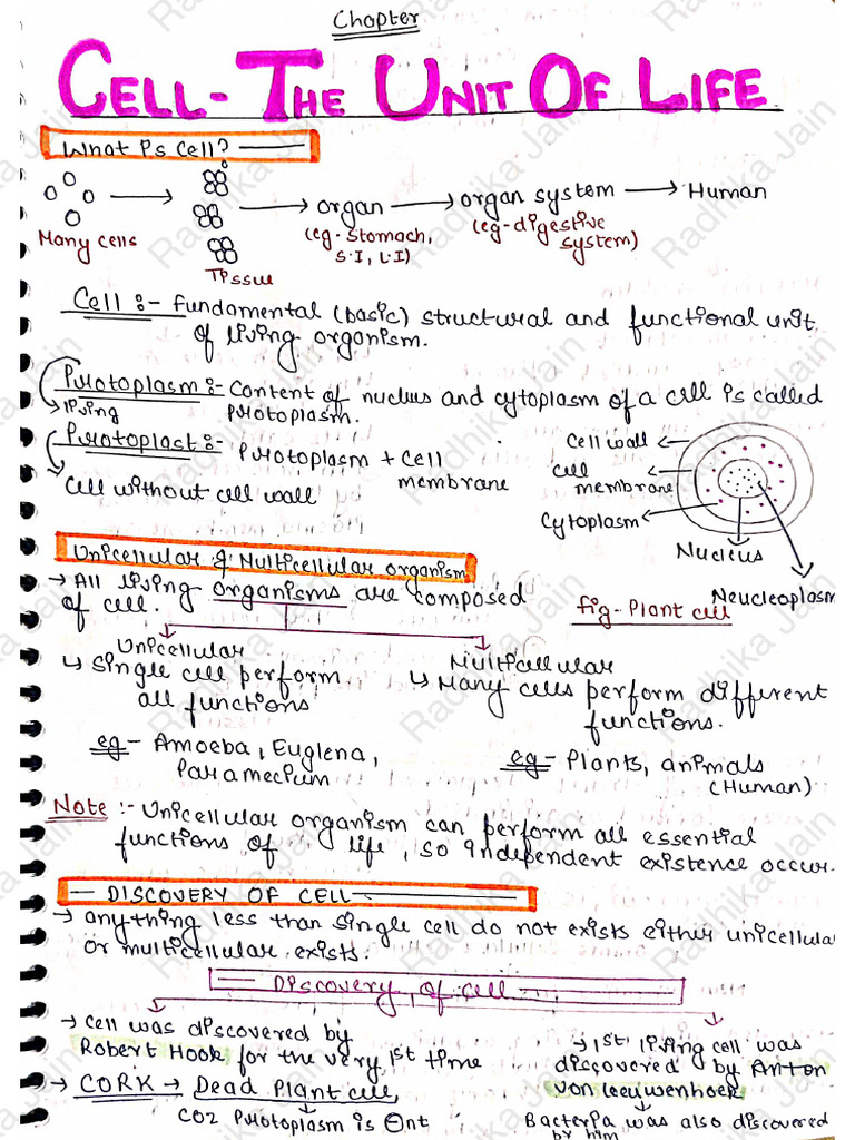 Class 11th Botany Cell The Unit of Life Notes by Radhika Jain | PDF