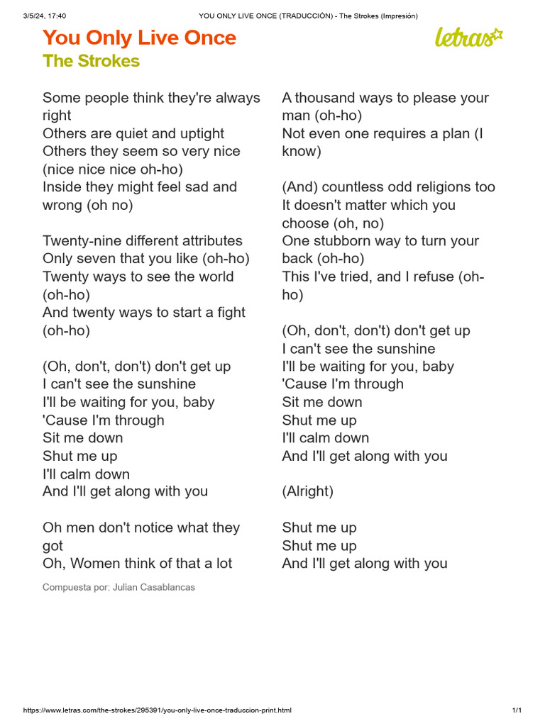 YOU ONLY LIVE ONCE (TRADUCCIÓN) - The Strokes (Impresión) | PDF