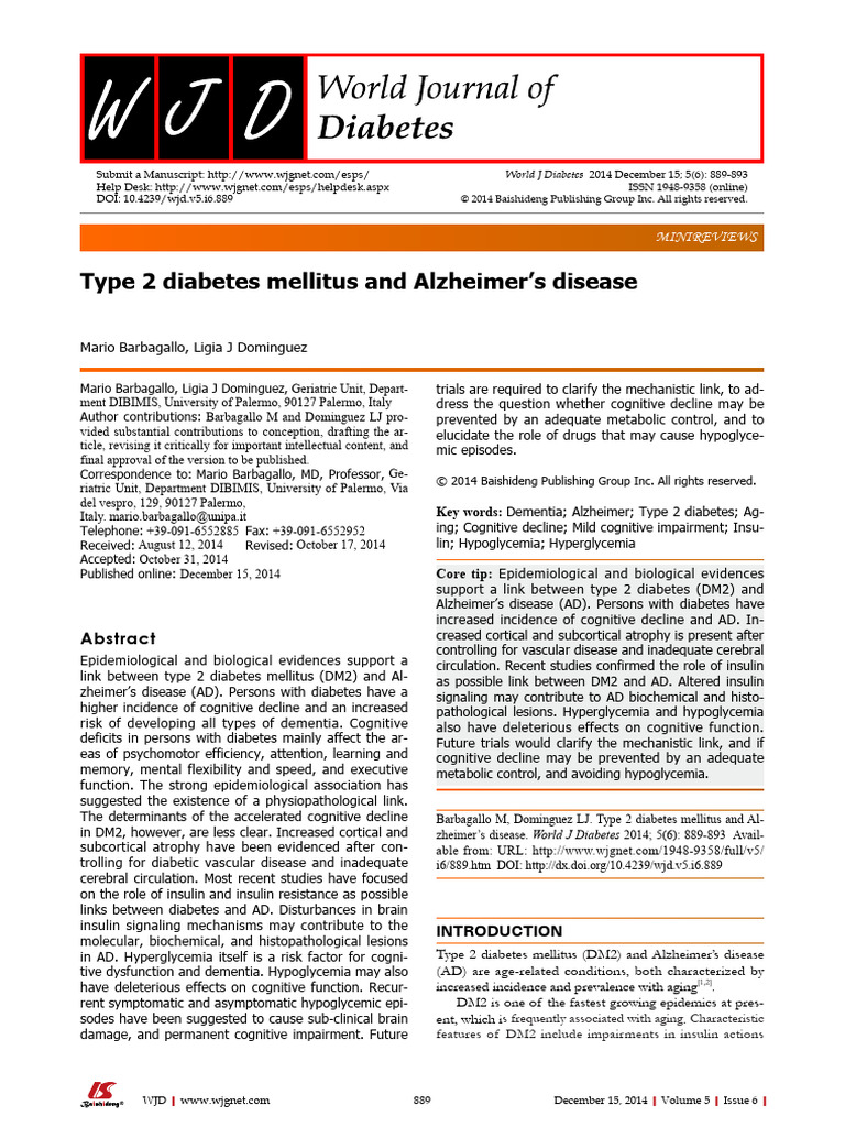 Type 2 Diabetes Mellitus and Alzheimer's Disease | PDF