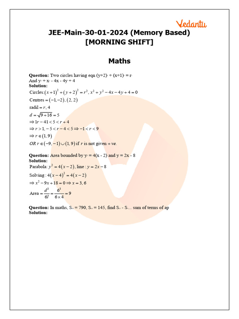 JEE Main 2024 Maths Memory-Based Solutions | PDF | Geometry ...