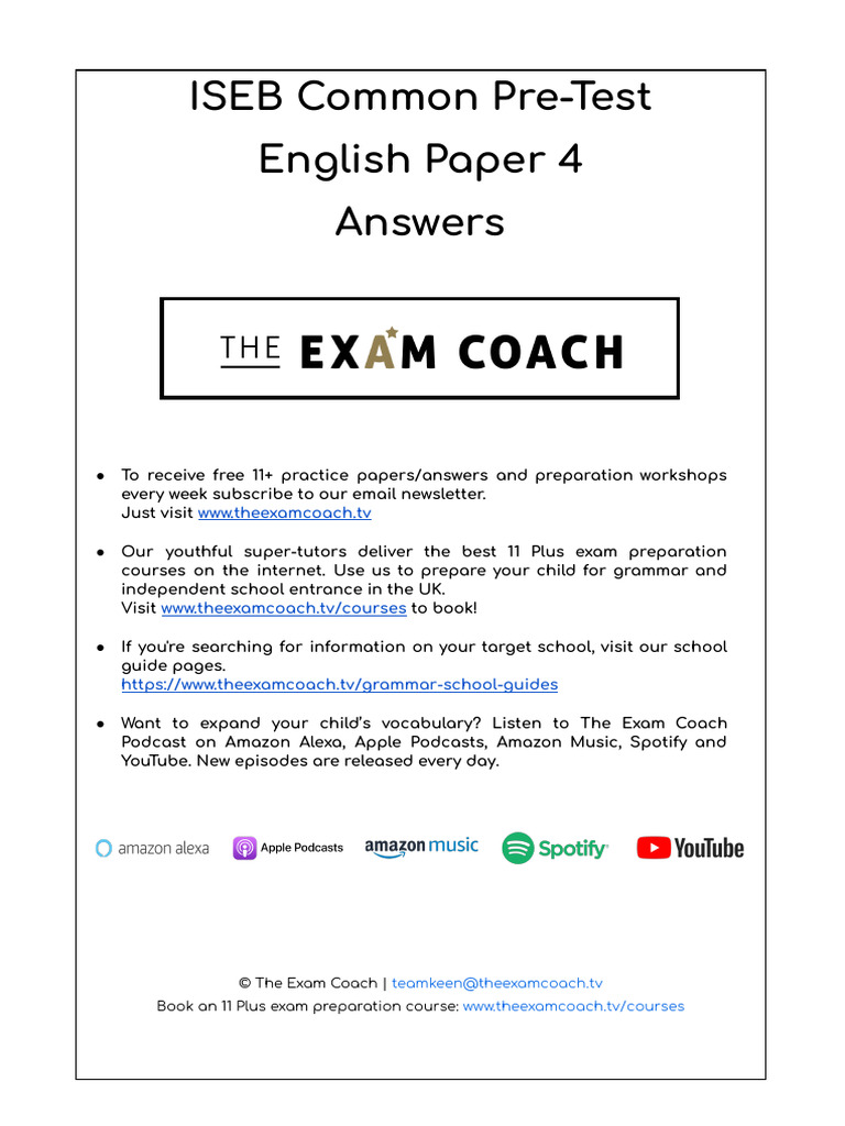 The Exam Coach 11 ISEB Common Pre-Test English Paper 4 Answers | PDF
