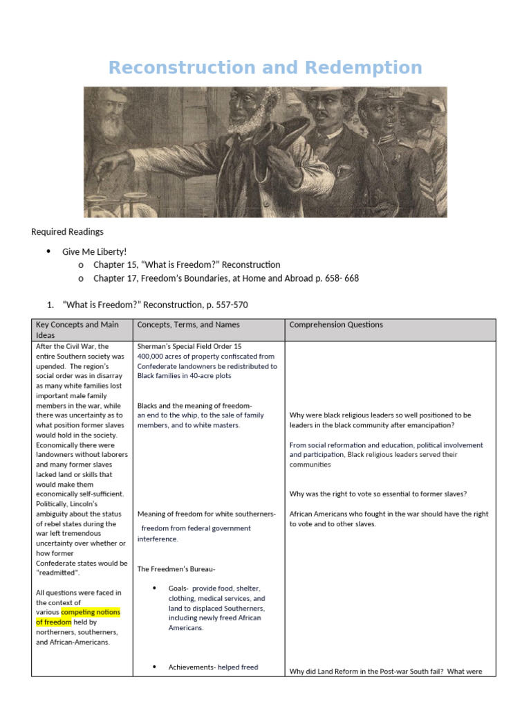 Readings Guide Honors Reconstruction and Redemption | PDF
