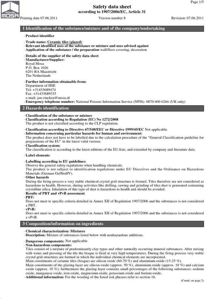 Safety Data Sheet Ceramic Tiles Glazed Mosa Tiles | PDF