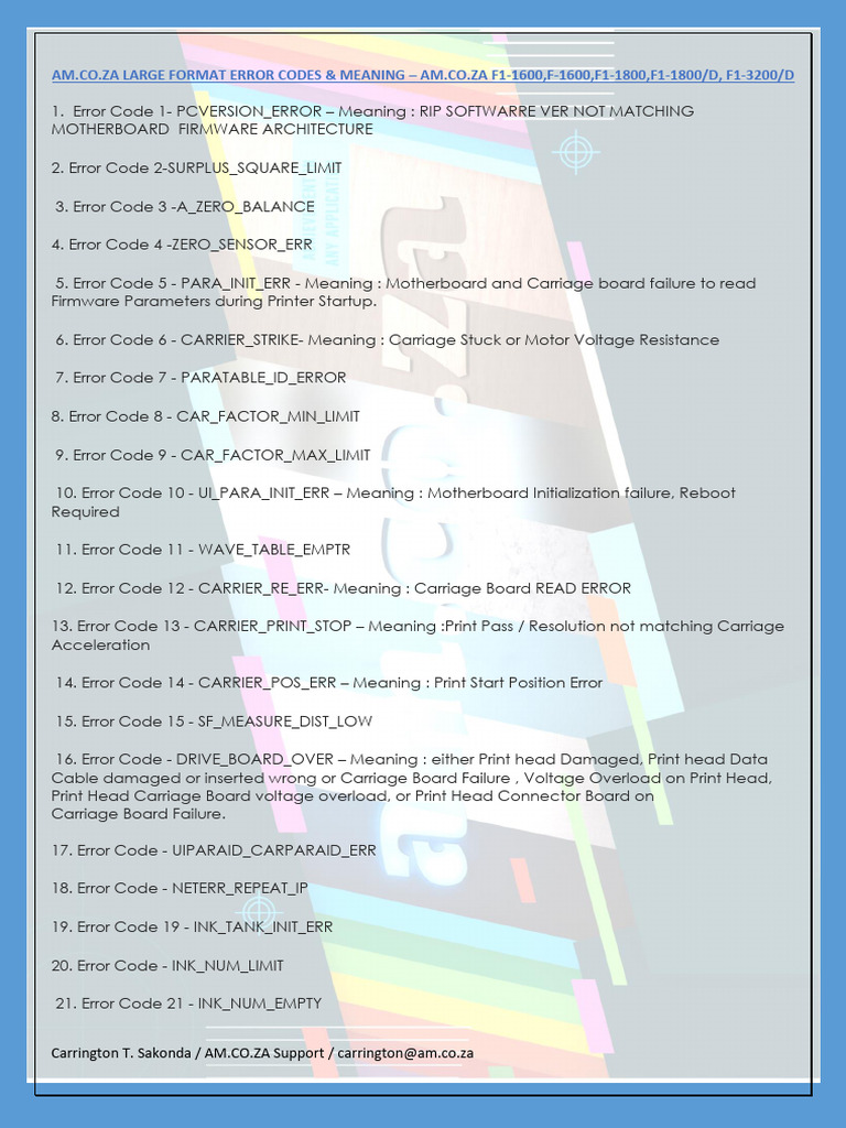 Amcoza f1-1600 Large Format Error Codes 23-03-16 | PDF