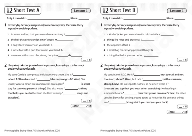 Brainy 7 Unit 2 Short Tests | PDF | Human Body | Clothing