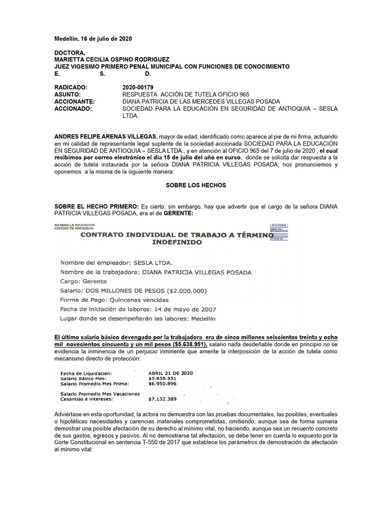 1.contestación Acción de Tutela 2020-00179 | PDF | Derecho laboral ...