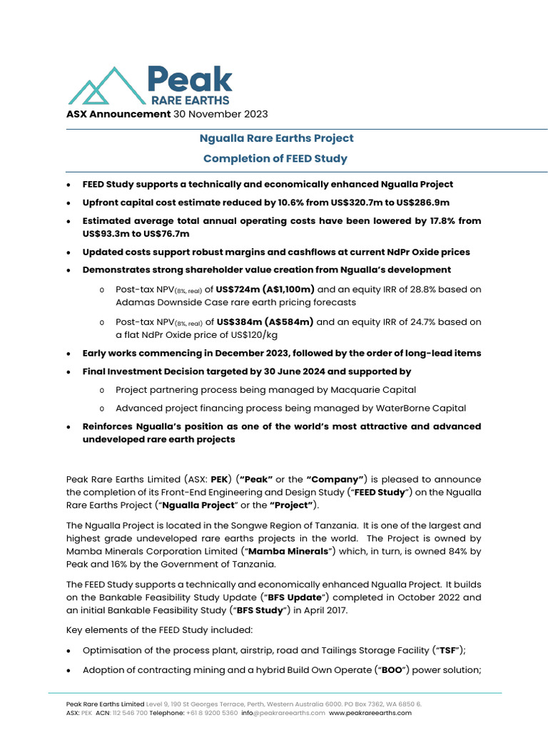 Ngualla Rare Earths Project FEED | PDF