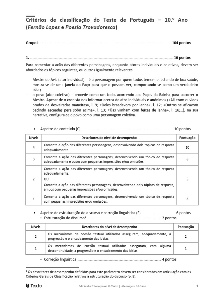Critérios de Classificação Teste Português 10º Ano | PDF | Discurso ...