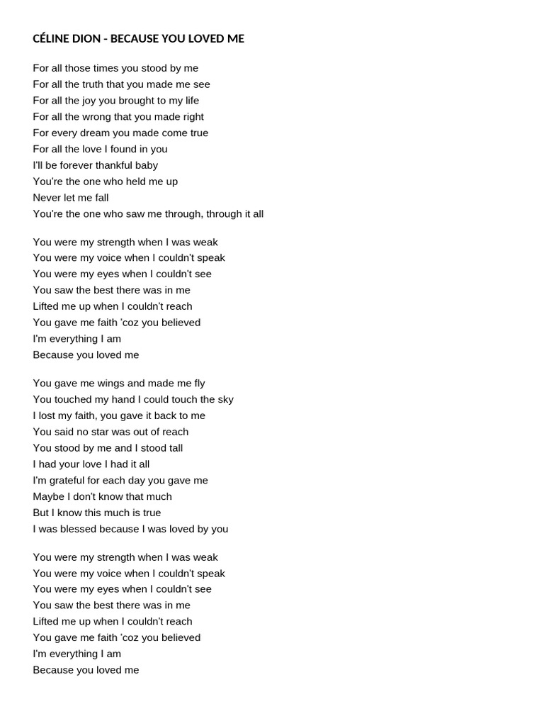 Celine Dion - Because You Loved Me Lyrics | PDF | Art | Poetry