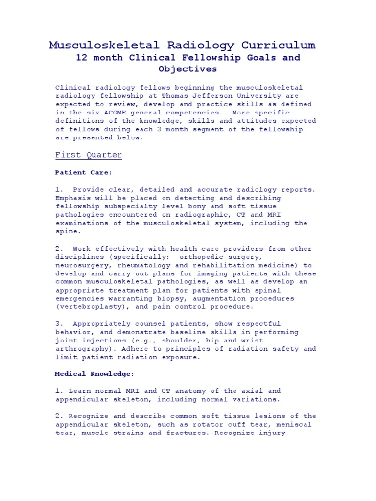 Musculoskeletal Radiology Fellowship Goals | PDF | Radiology | Medical ...