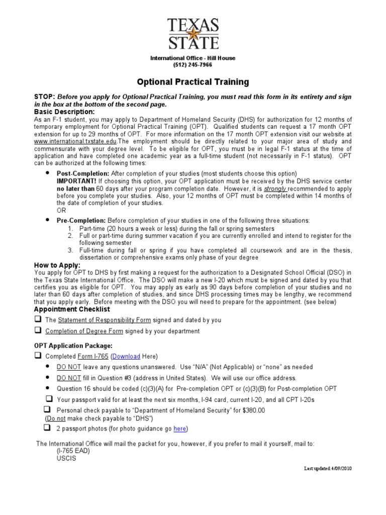 Optional Practical Training New | PDF | Thesis | Academia