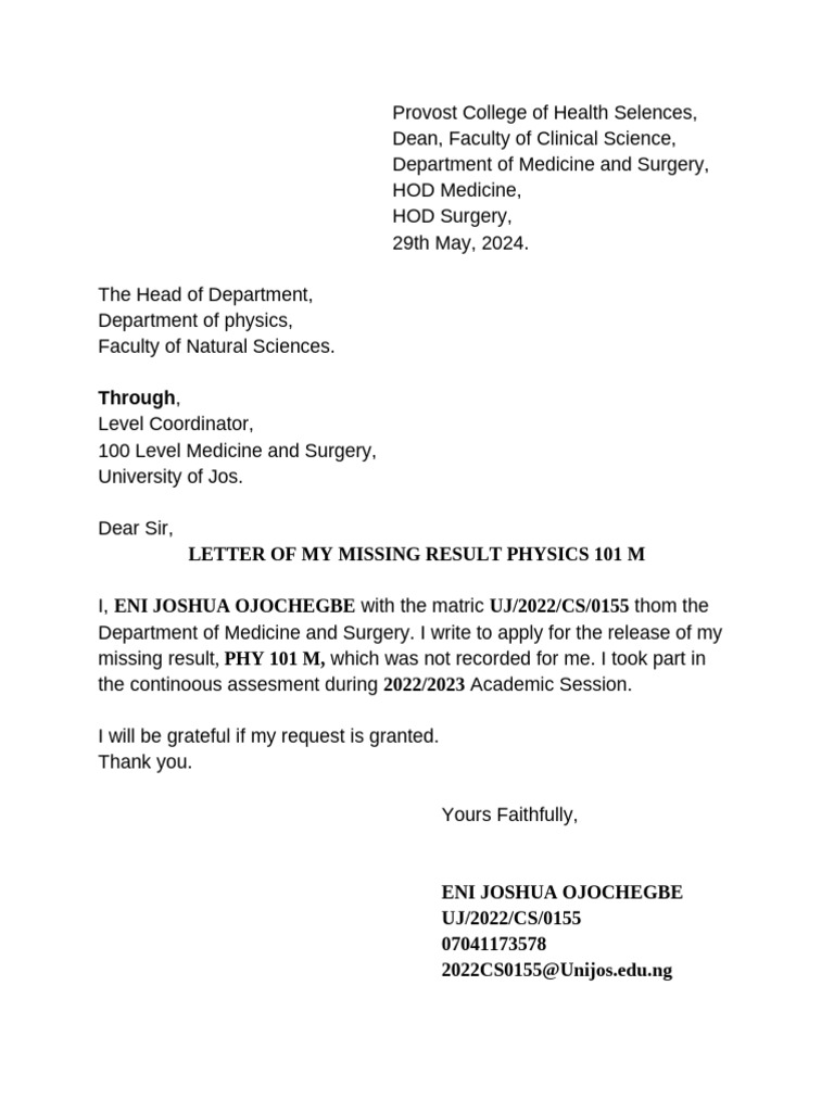 Missing Results Letter | PDF