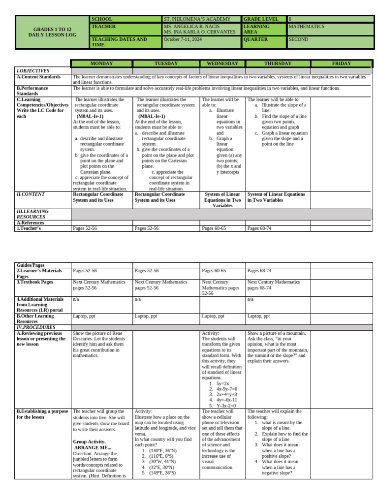DLL Math 8.Q2.W1 | PDF