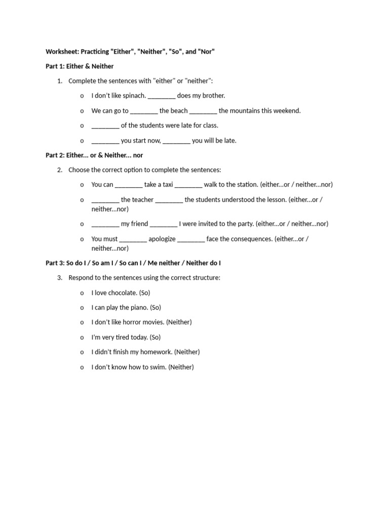 Either and Neither Practice Worksheet | PDF