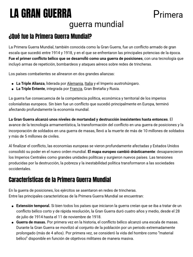 Impacto y Consecuencias de la Primera Guerra Mundial | PDF | Primera ...