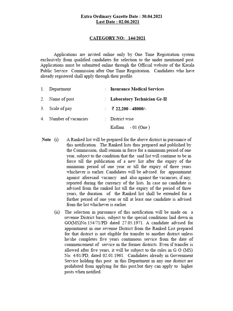 Extra Ordinary Gazette Date 30.04.2021 Last Date 02.06.2021 PDF
