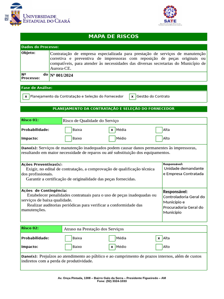 Mapa de Riscos para Contratação de Manutenção de Impressoras | PDF ...