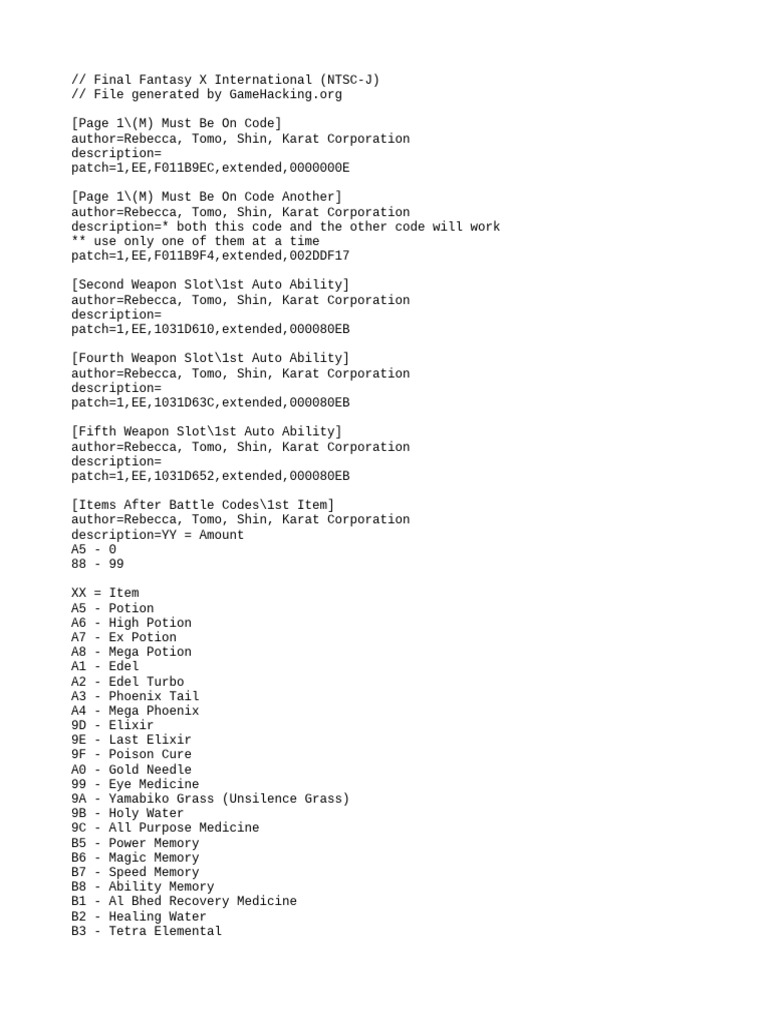 Final Fantasy X Cheat Codes Guide | PDF