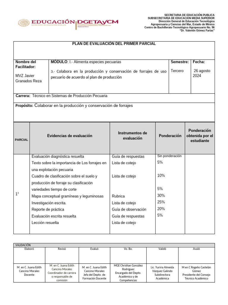 Formato - Plan de Evaluación Forrajes | PDF | Evaluación