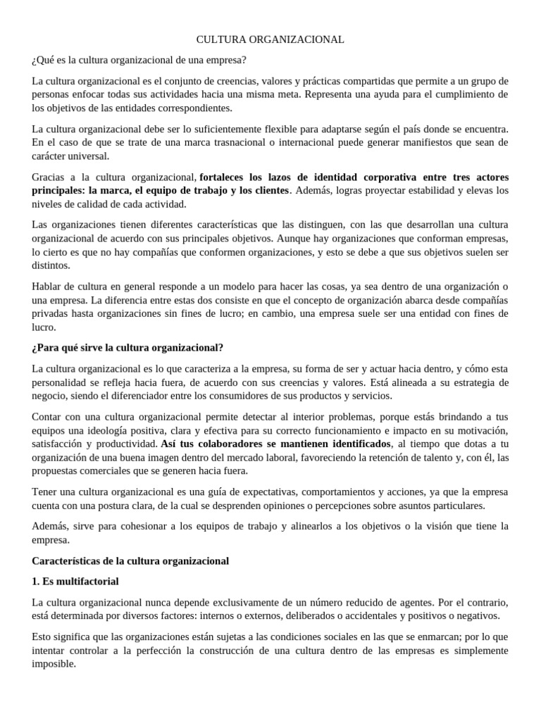 Importancia de la Cultura Organizacional | PDF | Cultura organizacional ...