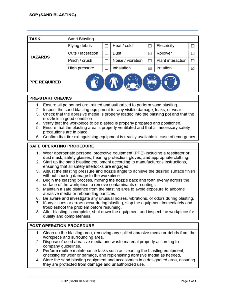 SS WHS SAF 000 Safe Operating Procedure Sand Blasting | PDF