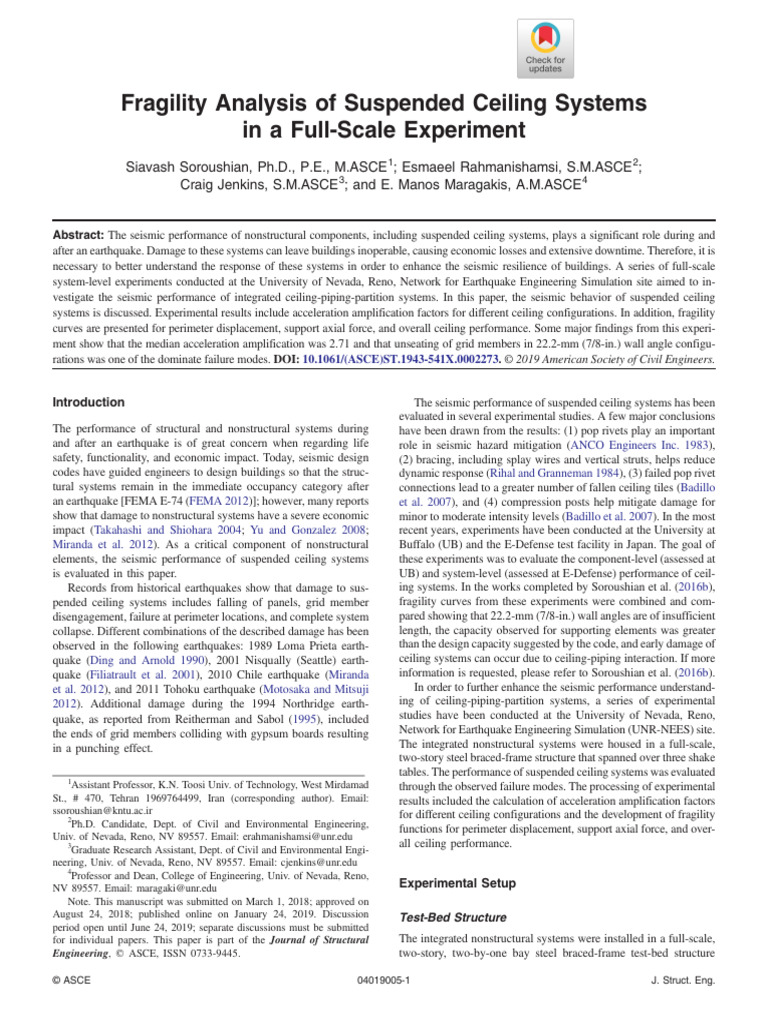 2019 Soroushian Et Al Fragility Analysis of Suspended Ceiling Systems ...