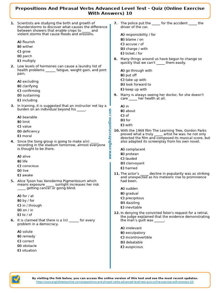 403 - Prepositions and Phrasal Verbs Advanced Level Test Quiz Online ...