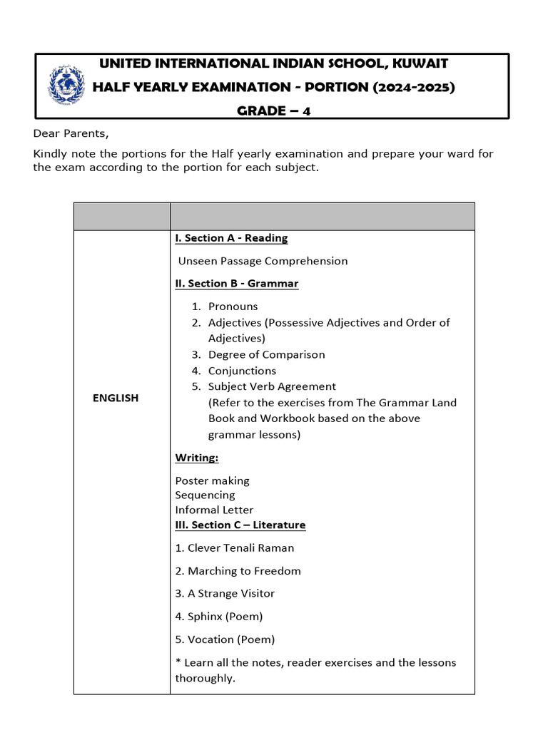 Grade 4 Half Yearly Exam Portions 2024 | PDF | Linguistics | Language ...