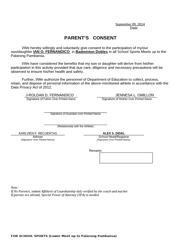 Parent Consent for Badminton Participation | PDF