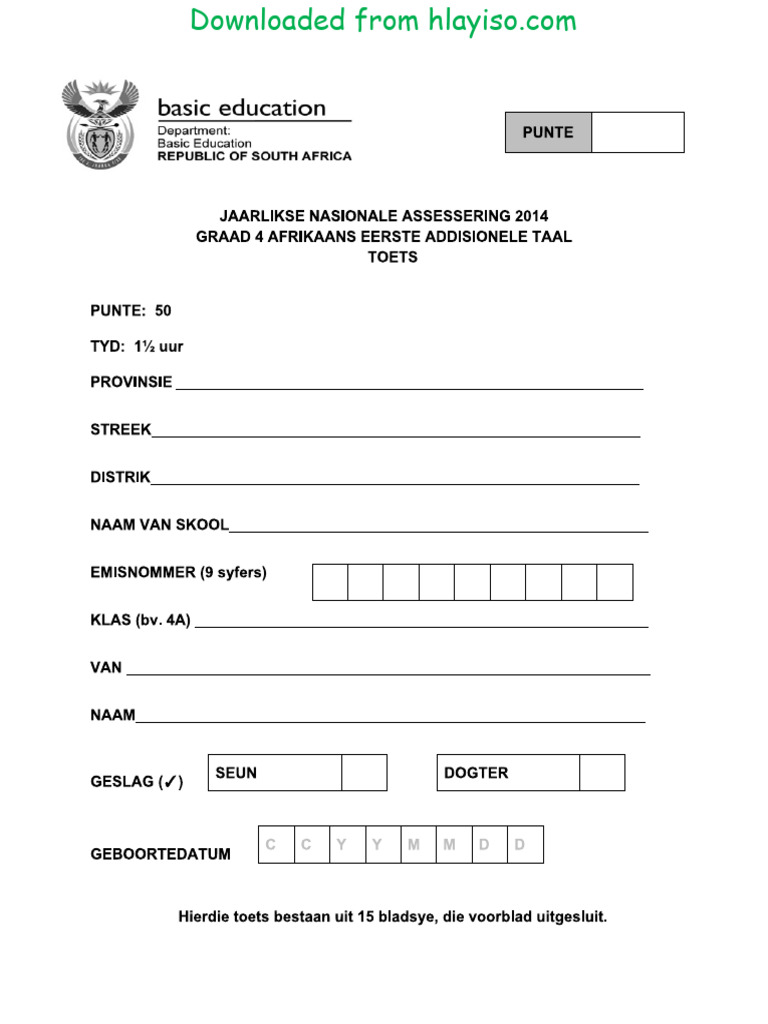 2014 Ana Grade 4 Afrikaans Fal Test Pdf