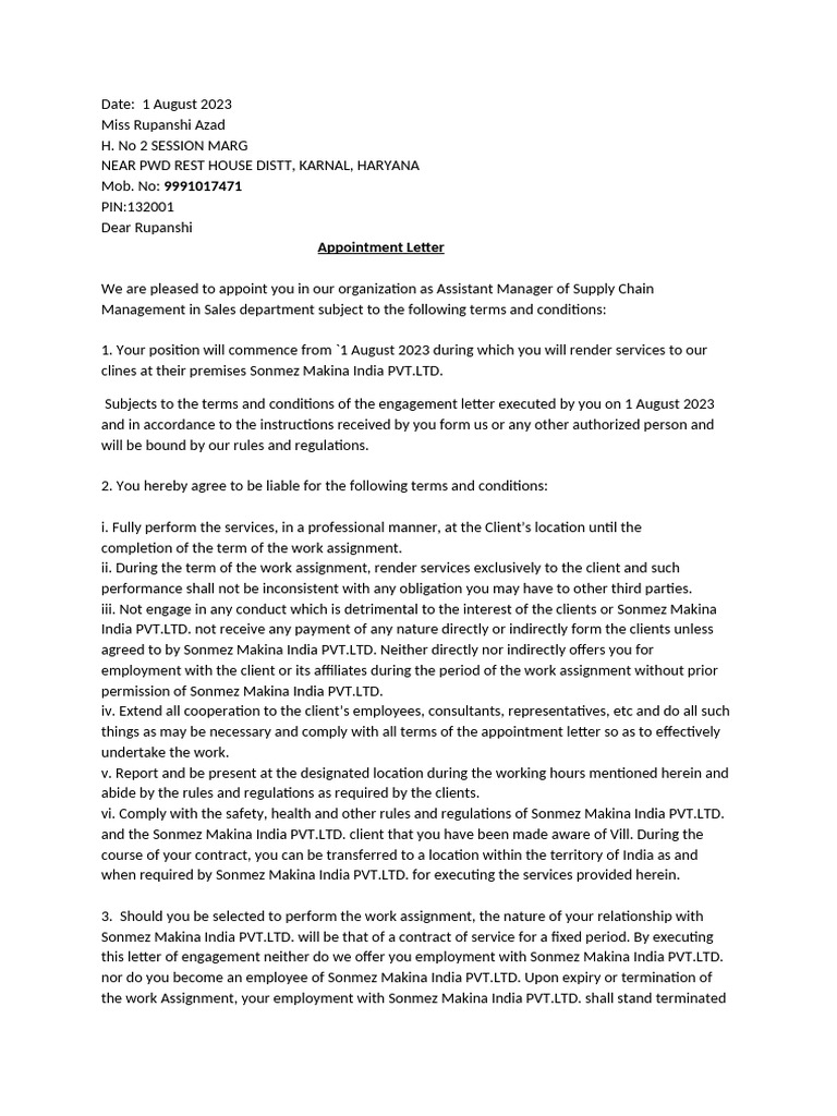 Appointment Letter Sonmez Makina | PDF