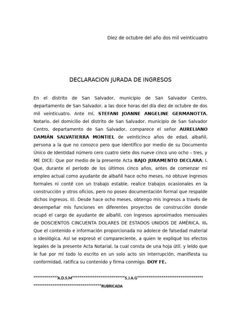 Declaracion Jurada de Ingresos | PDF