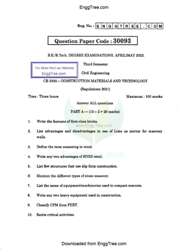 CE3302 Construction Materials and Technology Apr May 2023 Question ...