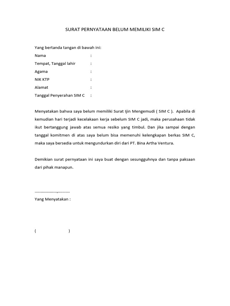 Surat Pernyataan Belum Memiliki Sim C | PDF