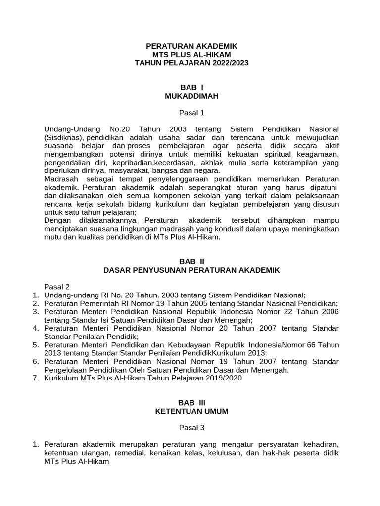 Peraturan Akademik MTS Plus Al - Hikam 2022-2023 | PDF
