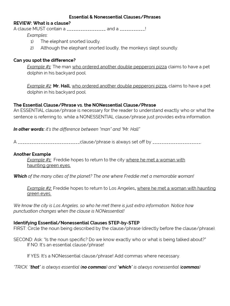 Essential & Nonessential Clauses/Phrases REVIEW: What Is A Clause? | PDF