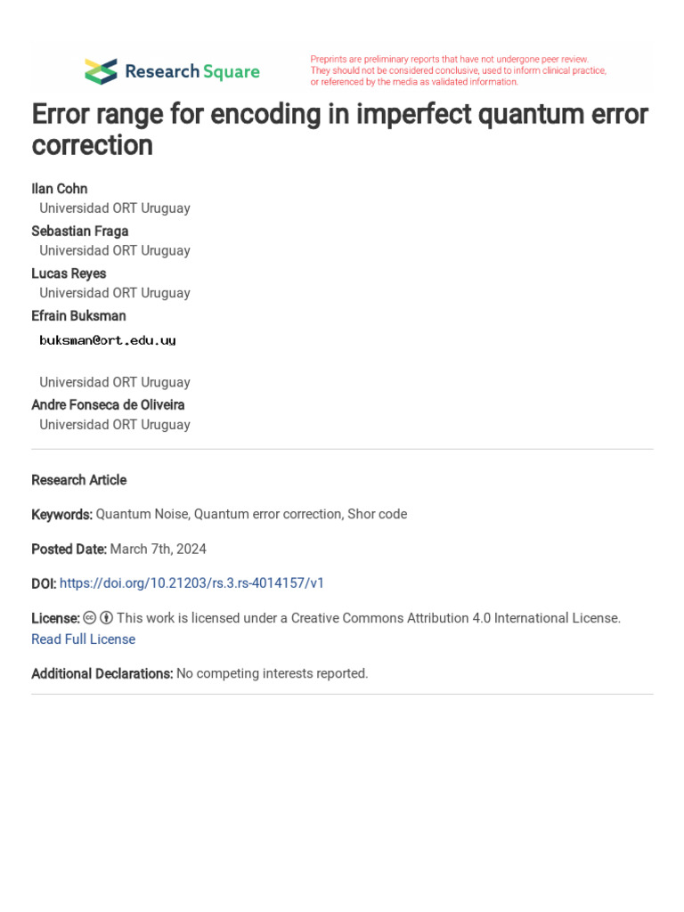 Error Range For Encoding in Imperfect Quantum Erro | PDF