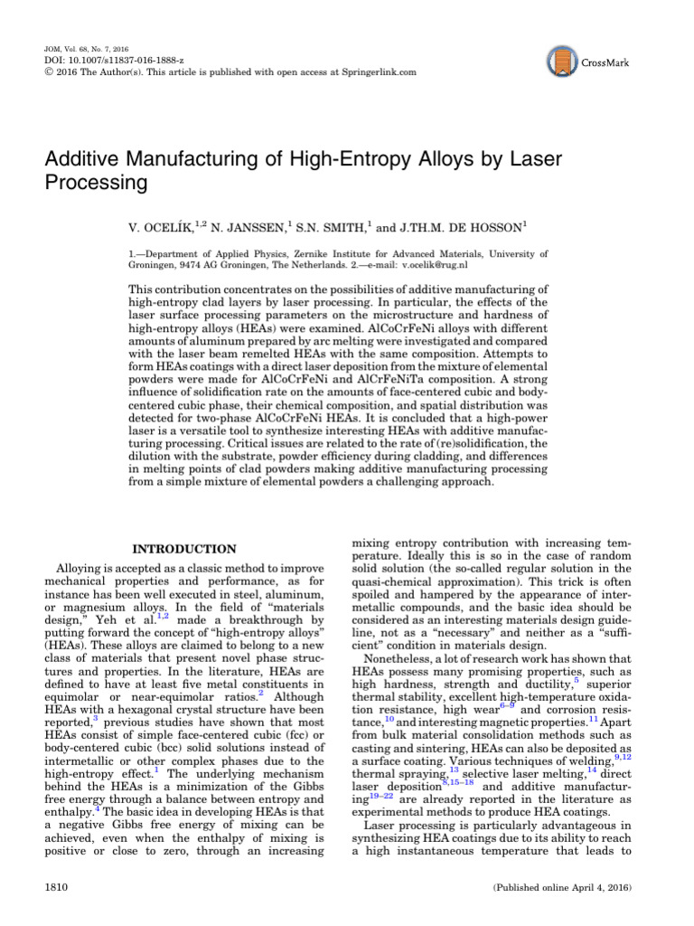 Additive Manufacturing of High-Entropy Alloys by Laser Processing | PDF