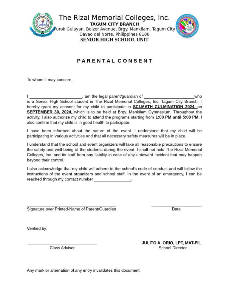 Sci Math - Parental Consent | PDF