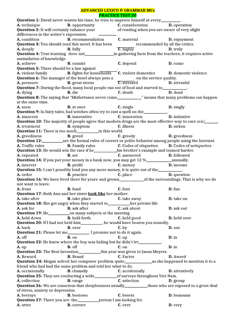 Advanced Lex Gram - Practice Test 20 | PDF