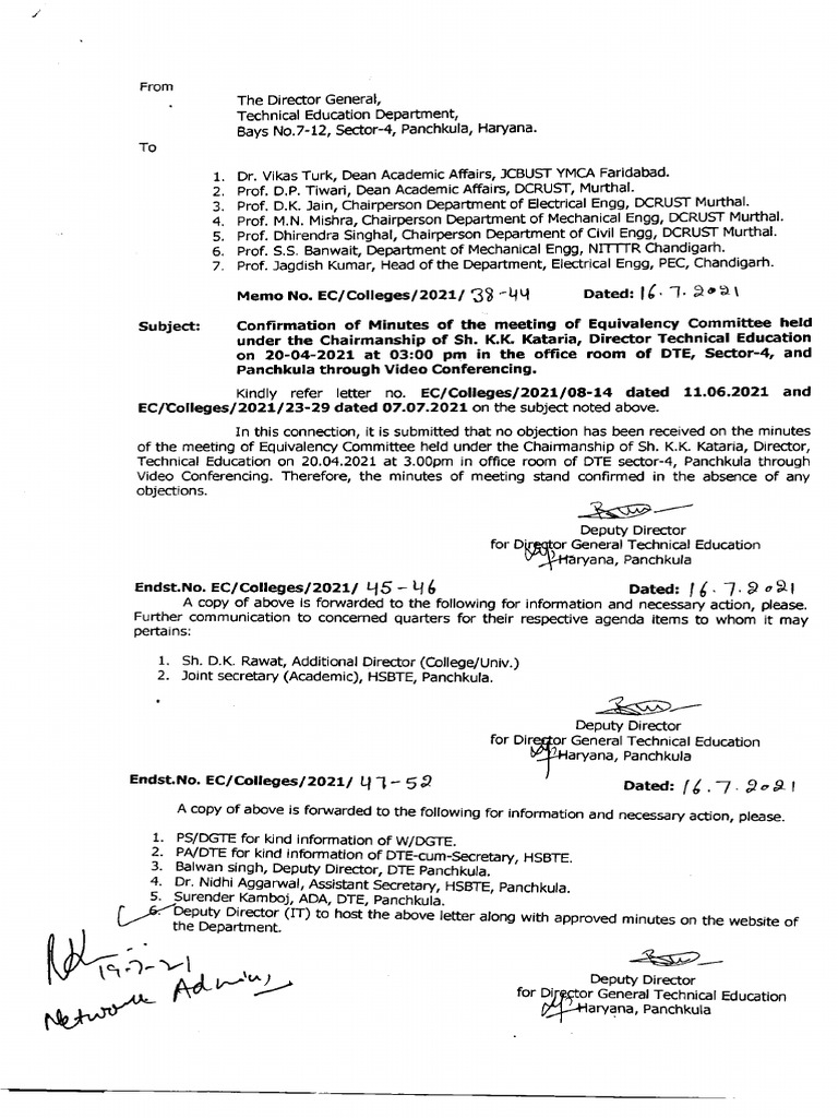 Minutes of meeting of equivalency committee 20 4 2021 memo dated 16 07 