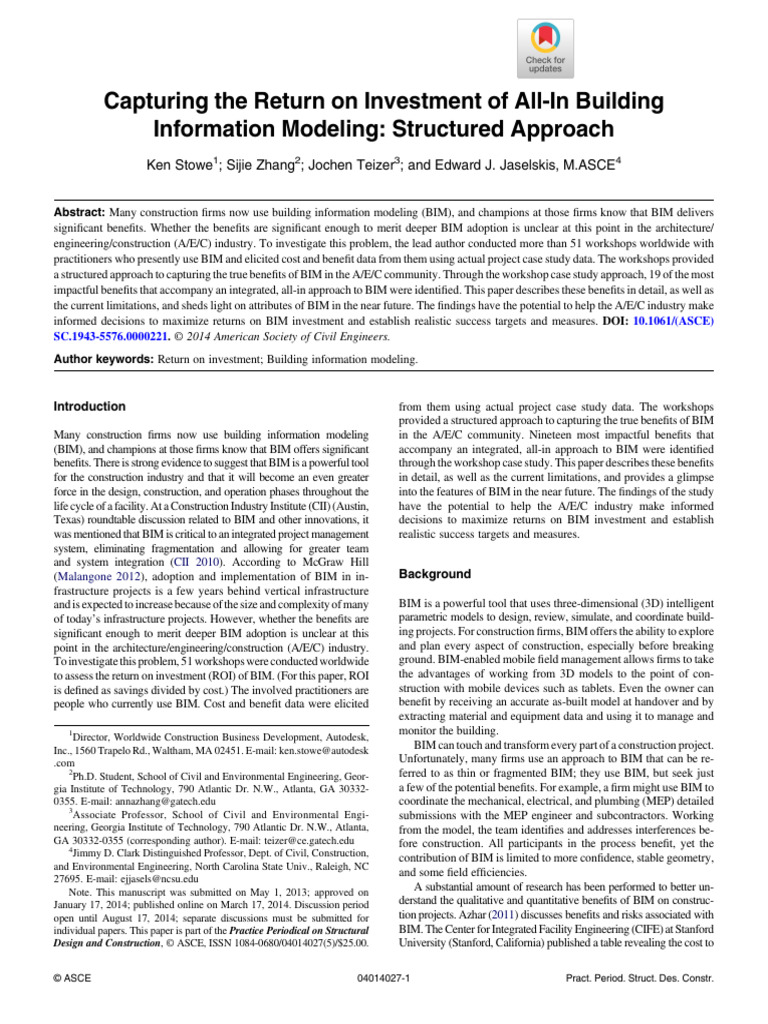 Jaselskis Et Al 2014 Capturing The Return On Investment of All in ...
