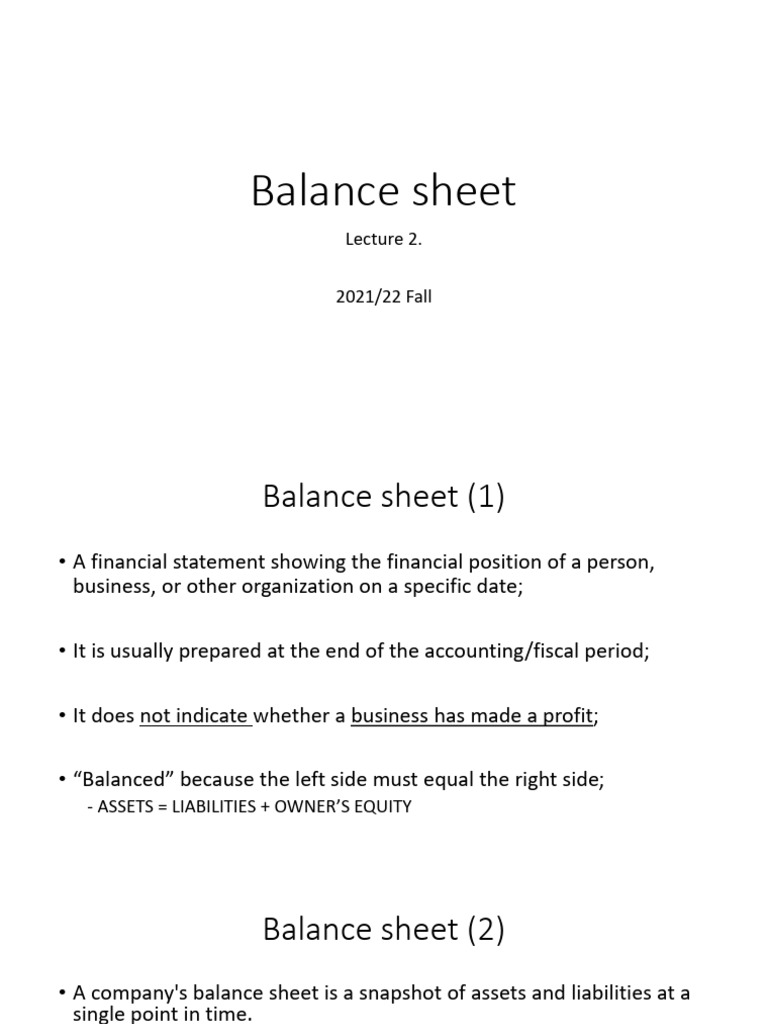 Balance Sheet - Lecture 2 | PDF