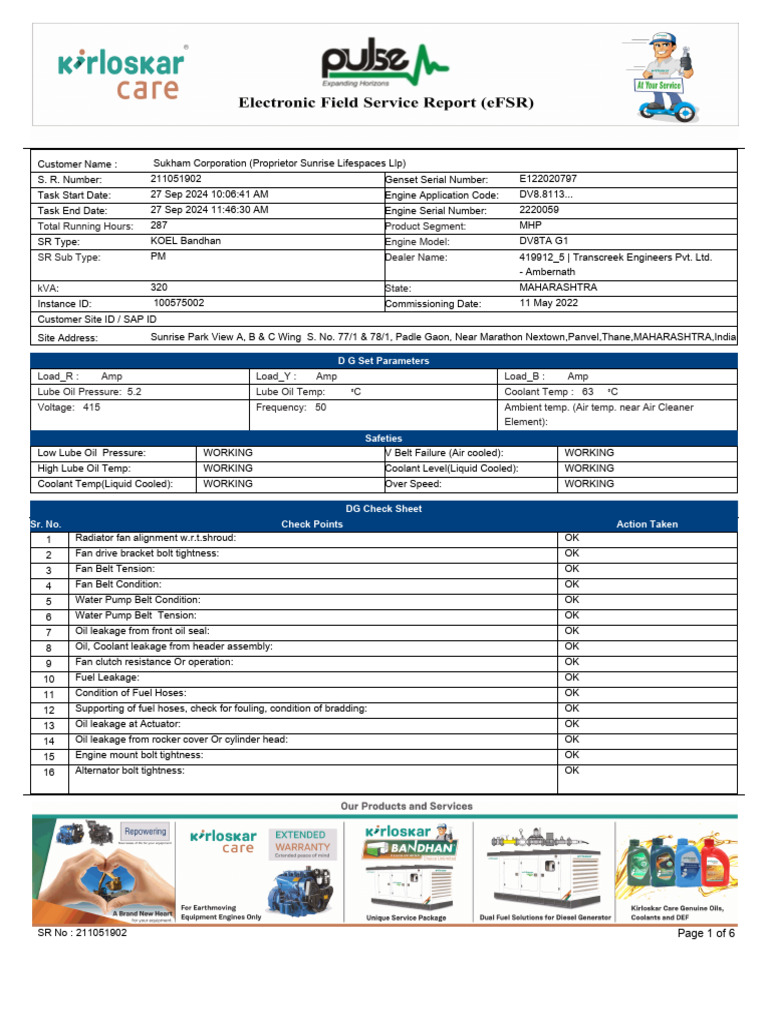 Kirloskar DG Service Report - Dtd.27.09.2024 | PDF